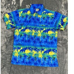 Rima Caribbean Life Blue & Yellow Tropical Button-Down Shirt Small Palm Print